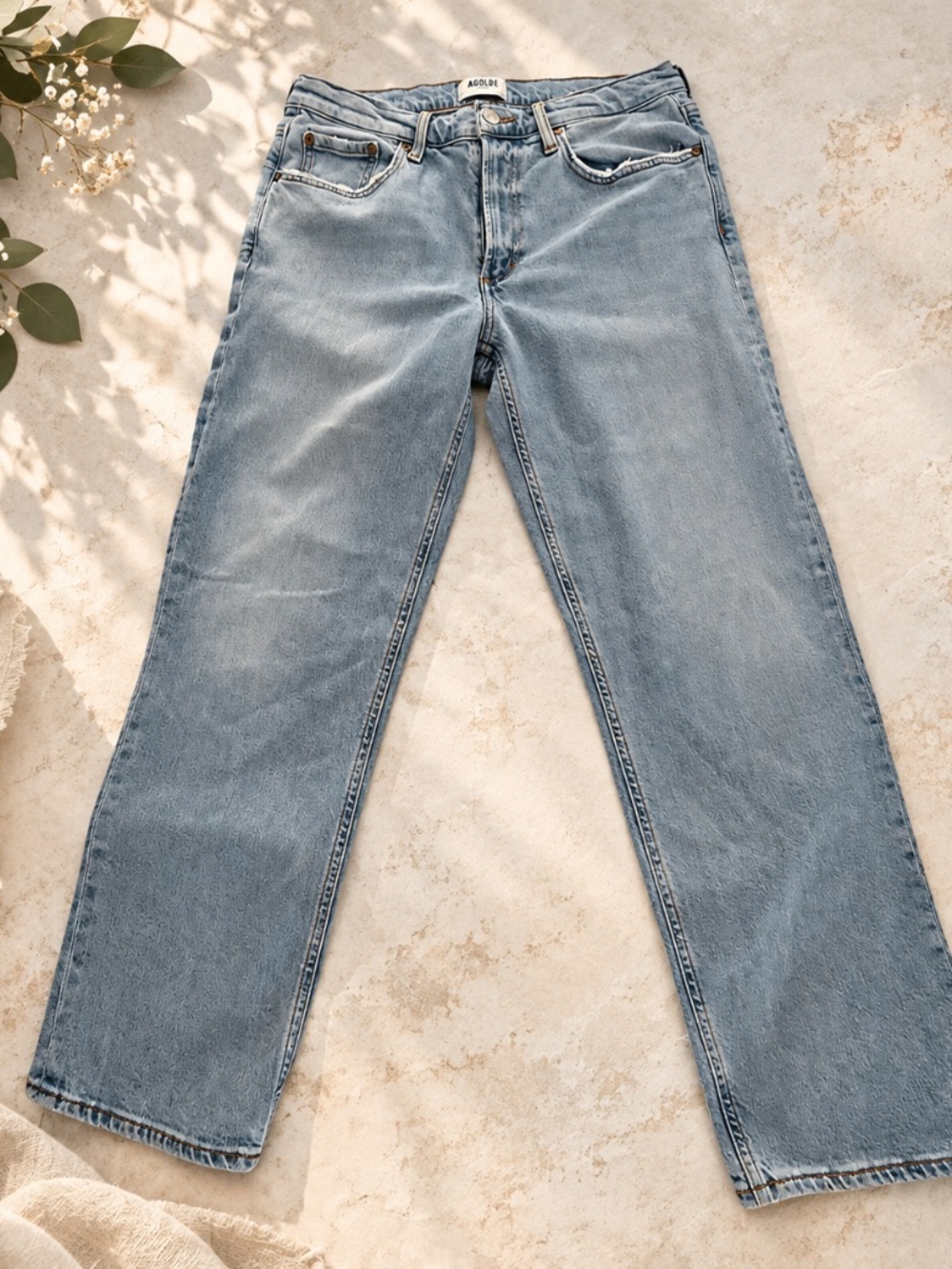 AGOLDE Light Wash High Rise Straight Leg Jeans Distressed Denim. COMFORT FIT